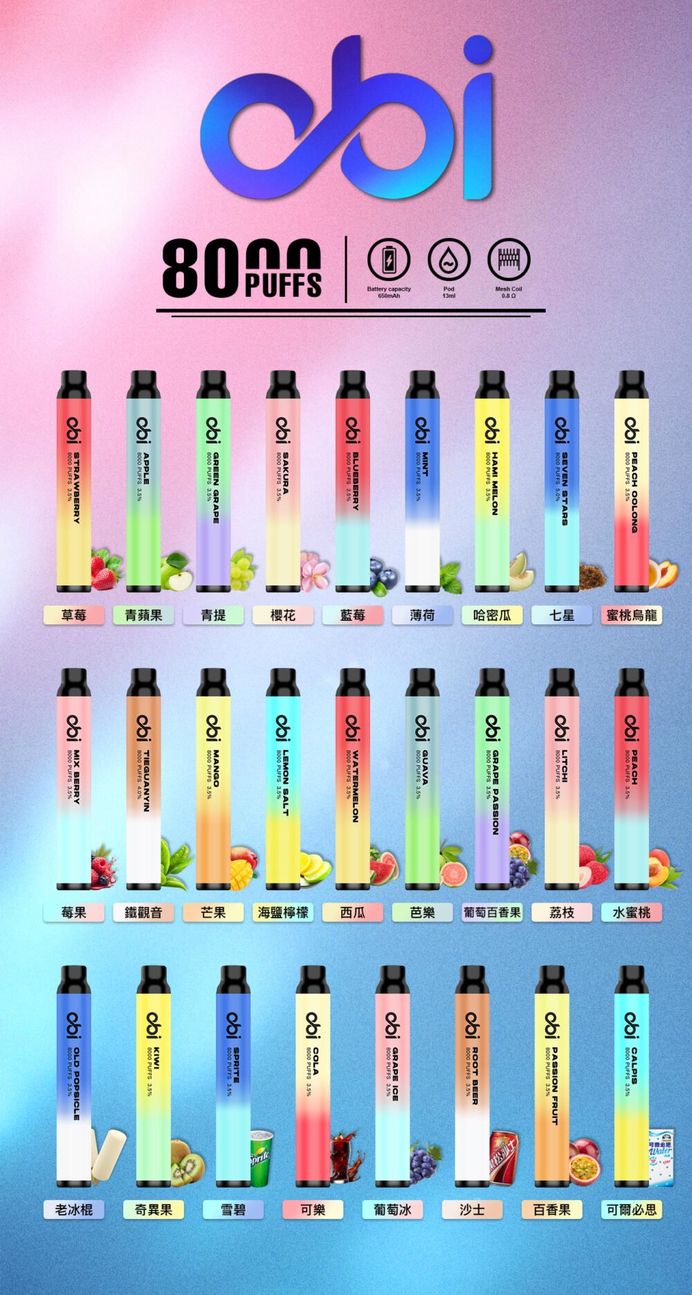 【OBI】 8000口一次性/拋棄式電子煙｜13ml大容量×27種爆款口味